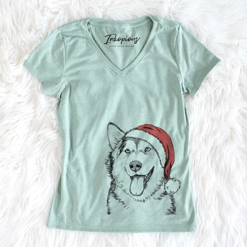 Santa Kaskae the Alaskan Malamute - Women's V-neck Shirt-- Zippered Front Buttoned Front Snap Front Santa Kaskae the Alaskan Malamute - Women's V-neck Shirt-- Zippered Front Buttoned Front Snap Front