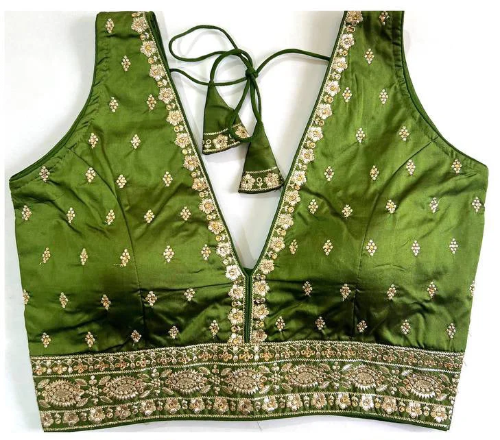 Women's Mehendi Colour Silk Readymade Blouse Feminine Ruffle Blouse