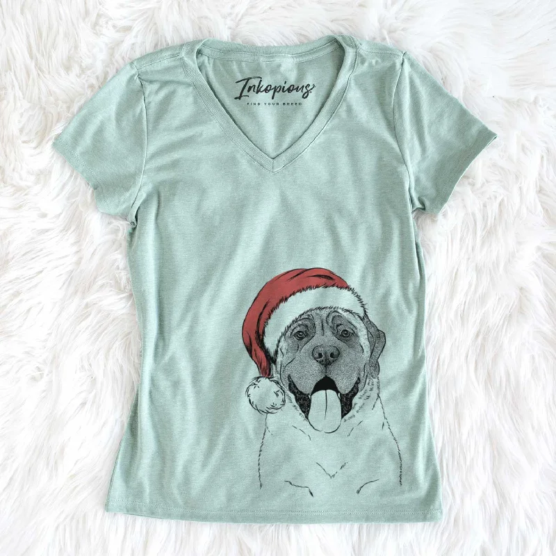 Santa Remmie the English Mastiff - Women's V-neck Shirt-- Modern Contemporary Chic