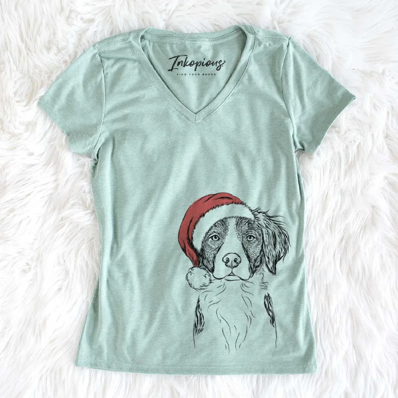 Santa Remi the Brittany - Women's V-neck Shirt-- Fleece Nylon Spandex