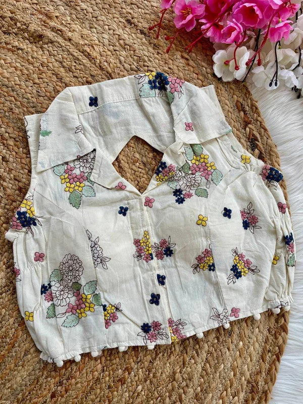 Women's White Colour Khadi Cotton Readymade Blouse Floral Print Blouse