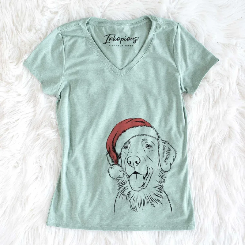 Santa Raisin the Flat Coated Retriever - Women's V-neck Shirt-- Beaded Sequined Faux Fur