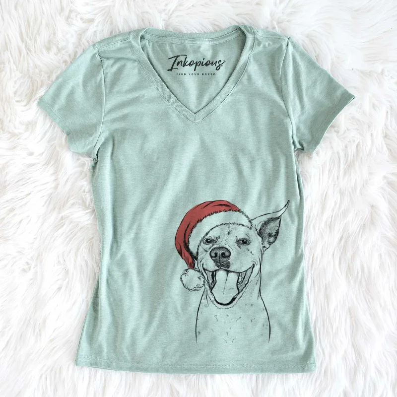 Santa Maddie the Dalmatian Pitbull Mix - Women's V-neck Shirt-- Mesh Blend Leather Blend Suede Blend Santa Maddie the Dalmatian Pitbull Mix - Women's V-neck Shirt-- Mesh Blend Leather Blend Suede Blend