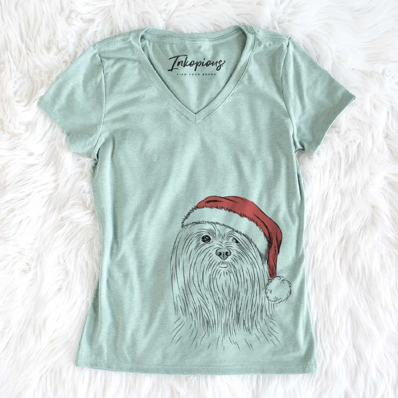 Santa Lorenzo the Lhasa Apso - Women's V-neck Shirt-- Solid Color Striped Floral