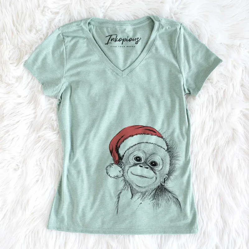 Santa Louie the Baby Orangutan - Women's V-neck Shirt-- Thin T-Shirt Open Front Quick Dry Santa Louie the Baby Orangutan - Women's V-neck Shirt-- Thin T-Shirt Open Front Quick Dry