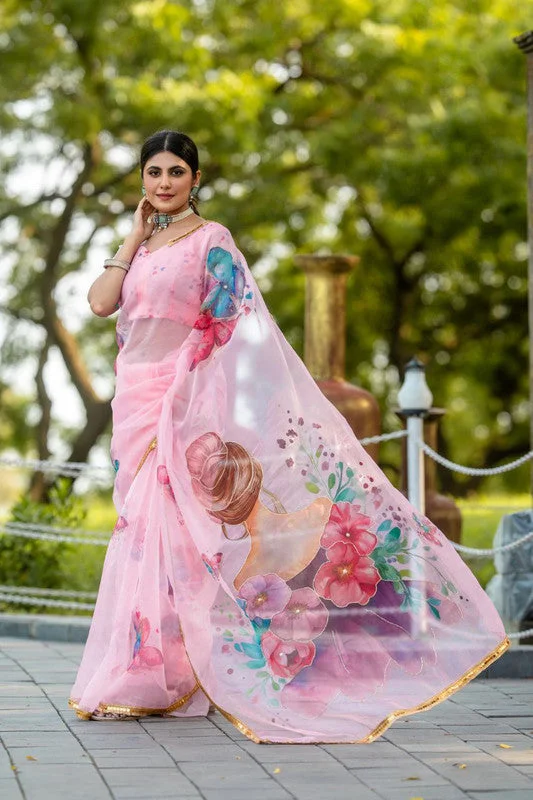 Women's Organza Digital print Hand Work Pink Saree With Blouse Piece Floral Chiffon Blouse