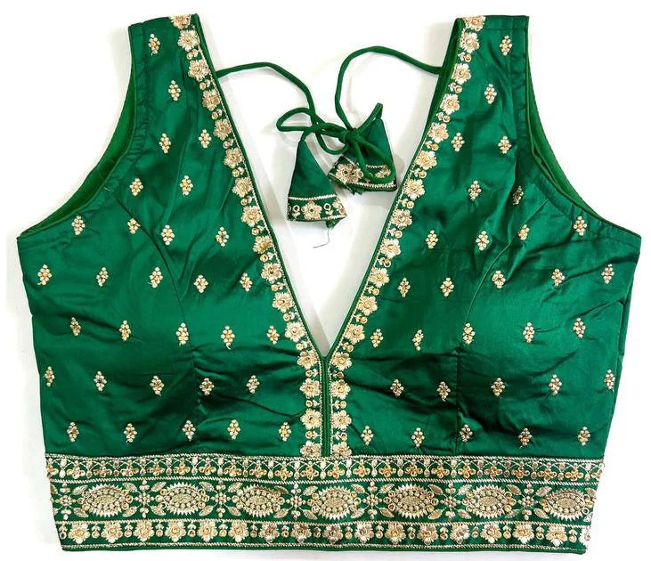 Women's Green Colour Silk Readymade Blouse Stretchy Fitted Blouse