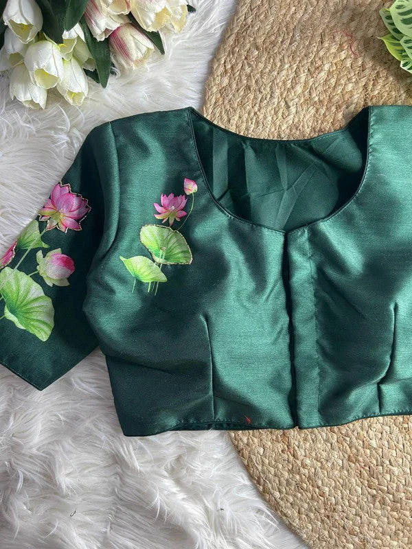 Women's Green Colour Silk Readymade Blouse Balloon Sleeve Blouse