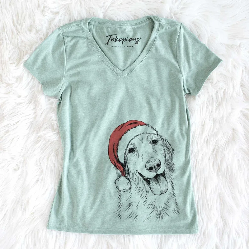 Santa Shelby the Golden Retriever - Women's V-neck Shirt-- Handmade Hand-knitted Hand-woven Santa Shelby the Golden Retriever - Women's V-neck Shirt-- Handmade Hand-knitted Hand-woven
