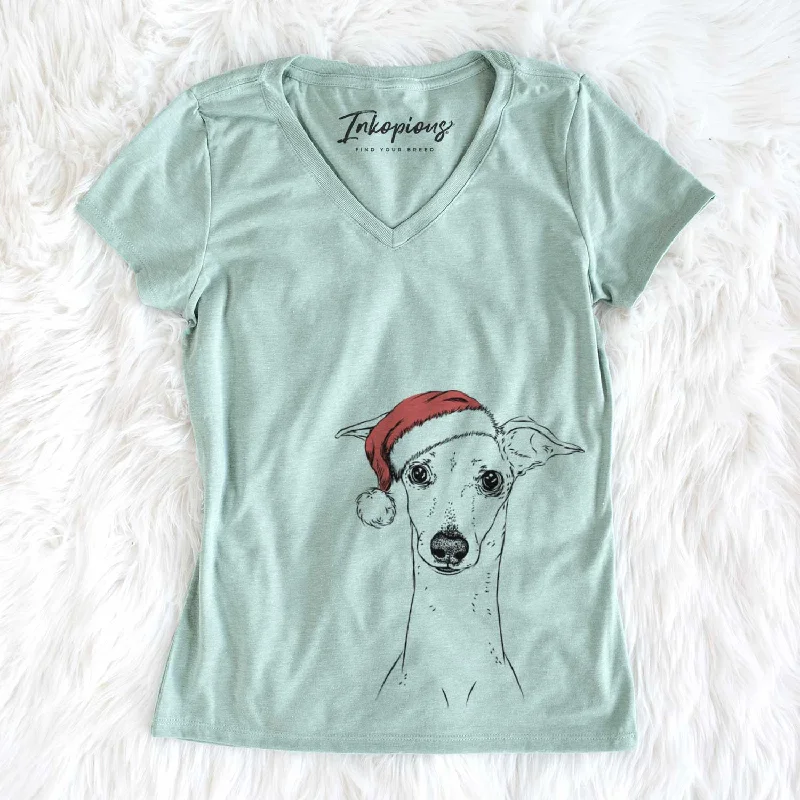 Santa Pip the Italian Greyhound - Women's V-neck Shirt-- Solid Print Embellished