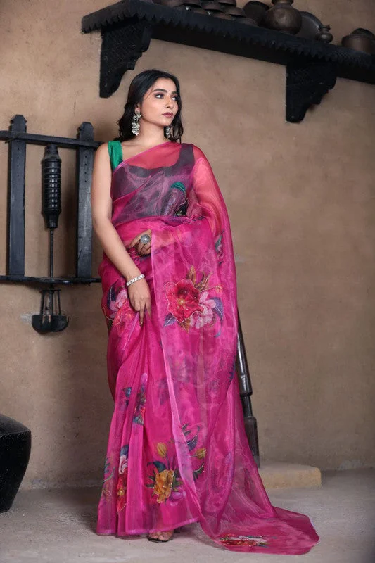 Women's Organza Digital print Hand Work Pink Saree With Blouse Piece Collared Satin Blouse