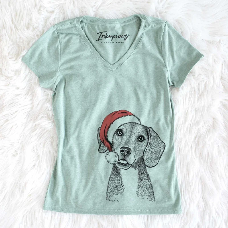 Santa Piggy the Beagle Mix - Women's V-neck Shirt-- Houndstooth Herringbone Solid