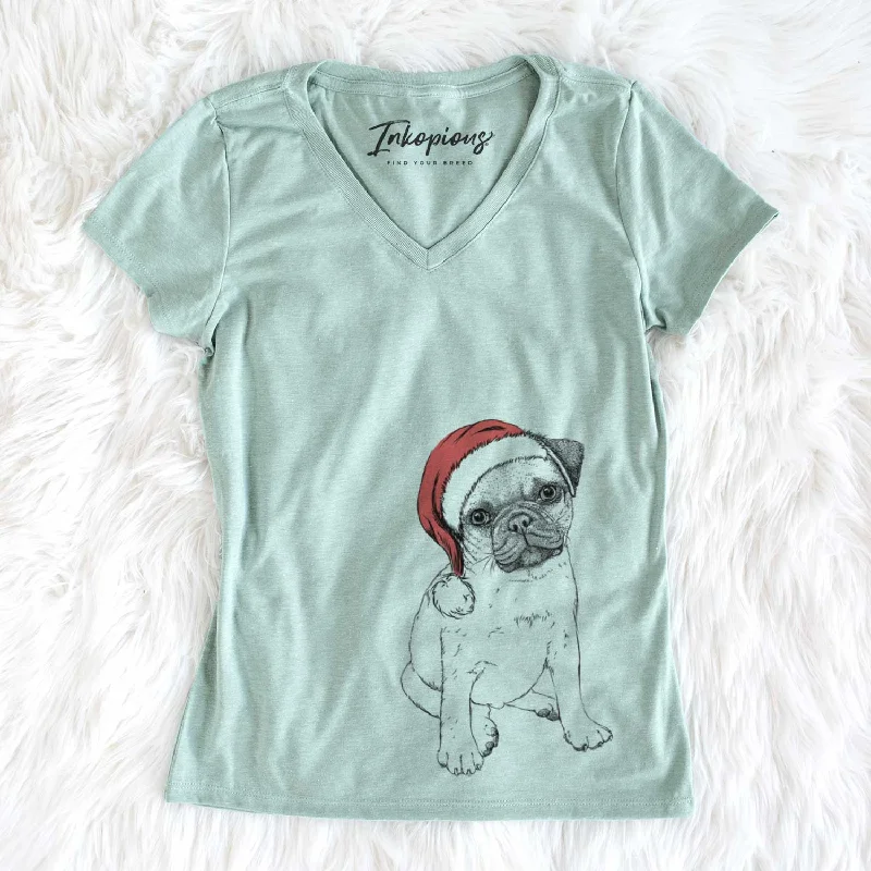 Santa Nelson the Pug Puppy - Women's V-neck Shirt-- Mesh Blend Leather Blend Suede Blend Santa Nelson the Pug Puppy - Women's V-neck Shirt-- Mesh Blend Leather Blend Suede Blend