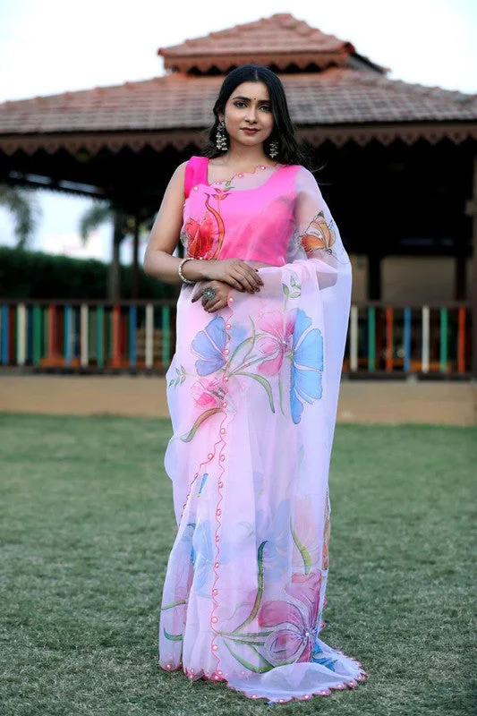 Women's Organza Digital print Aari Work Baby Pink Saree With Blouse Piece Lightweight Tunic Blouse