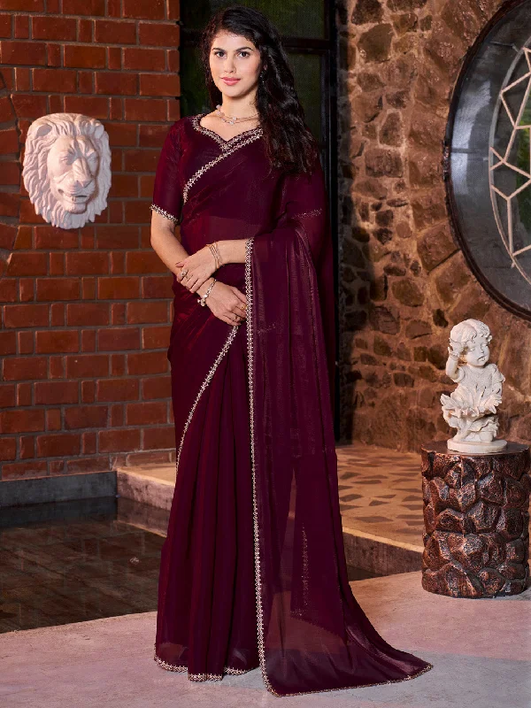 Women's Satin Silk Magenta Embellished Designer Saree With Blouse Piece Embroidered Floral Blouse