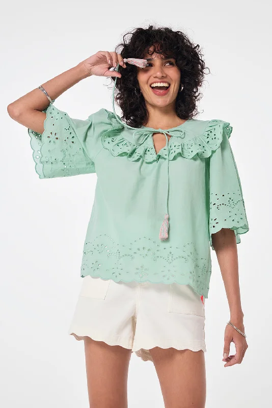 Green Cutwork Blouse Pleated Collar Blouse
