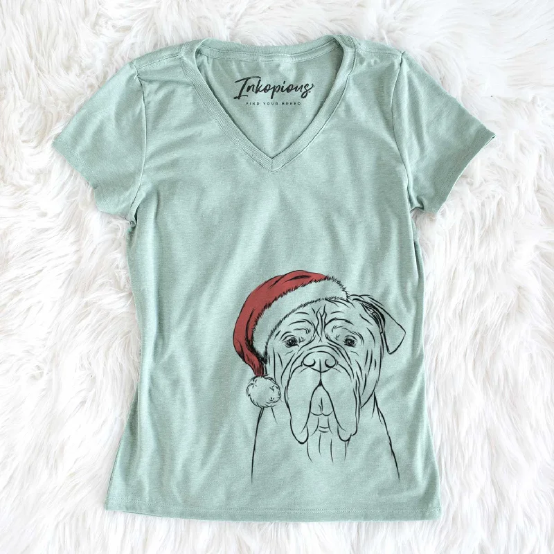 Santa Nolan the Bull Mastiff - Women's V-neck Shirt-- Solid Print Embellished