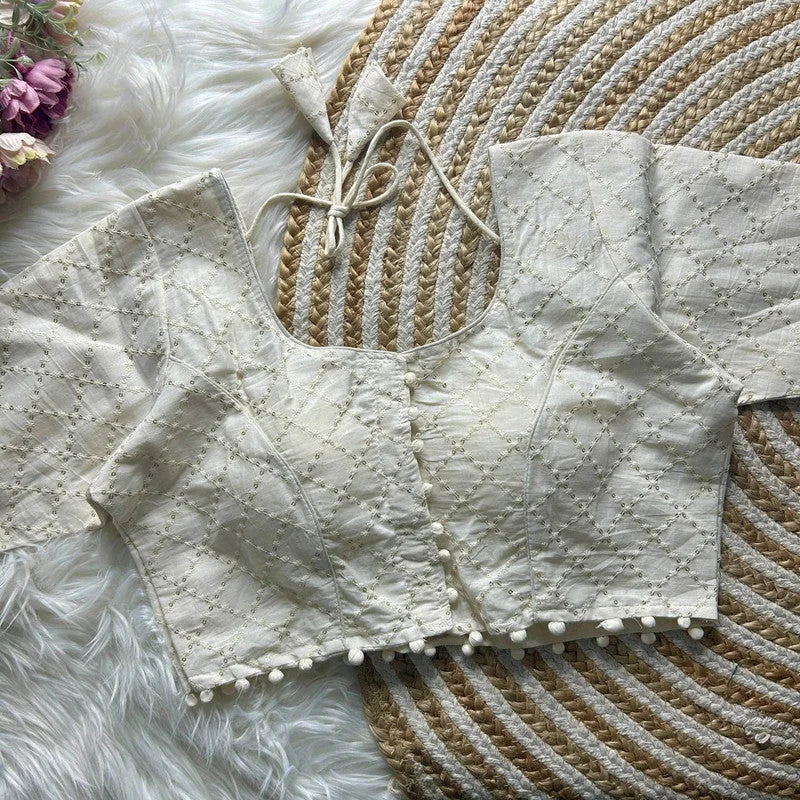Women's White Colour Khadi Cotton Readymade Blouse Ruffled Neck Blouse