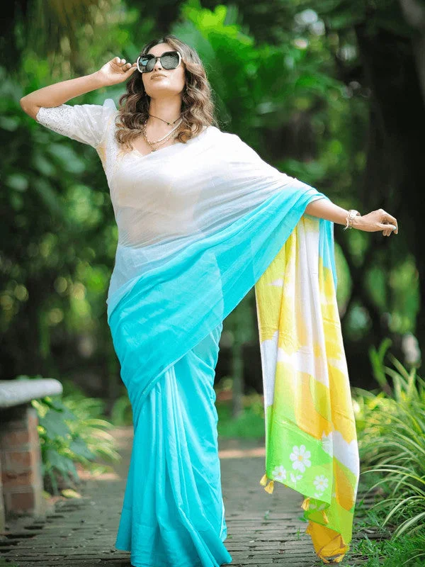 Women Linen Printed Saree With Blouse Piece Short Sleeve Blouse