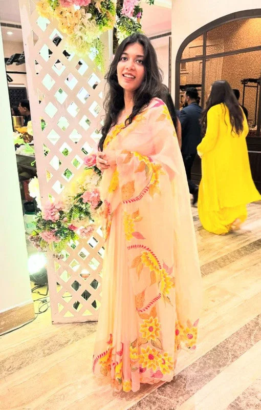 Women's Organza Digital print Aari Work Peach Saree With Blouse Piece Satin Bow Blouse