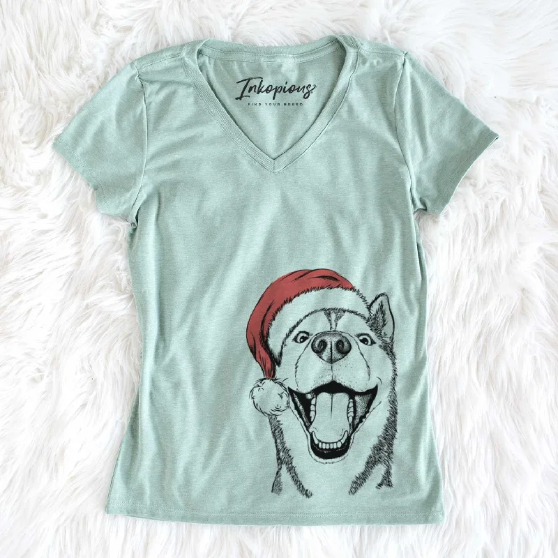 Santa Little Country the Siberian Husky - Women's V-neck Shirt-- Mesh Canvas Denim