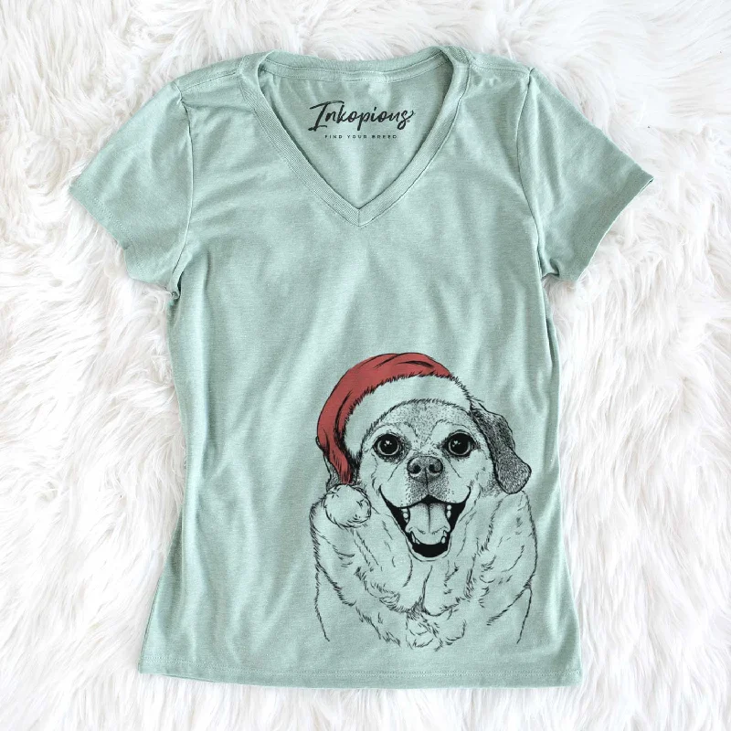 Santa Little Man the Puggle - Women's V-neck Shirt-- Rayon Velvet Corduroy