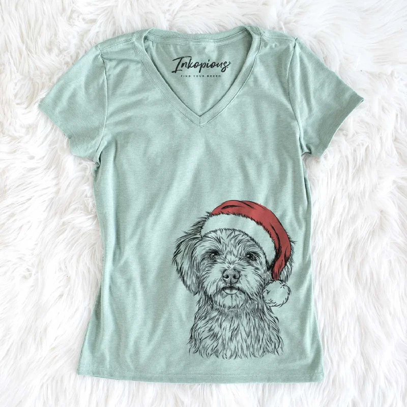 Santa Sammy the Shorkie - Women's V-neck Shirt-- Print Jacquard Patchwork