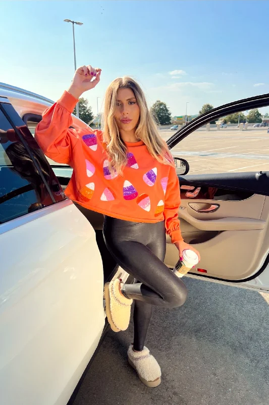 Orange Candy Corn Sequin Patch Cropped T-Shirt-- Cashmere Blend Cotton Blend Poly Blend Orange Candy Corn Sequin Patch Cropped T-Shirt-- Cashmere Blend Cotton Blend Poly Blend