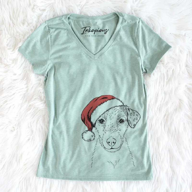 Santa Kozmo the Jack Russell Terrier - Women's V-neck Shirt-- Rayon Fabric Velvet Fabric Corduroy Fabric Santa Kozmo the Jack Russell Terrier - Women's V-neck Shirt-- Rayon Fabric Velvet Fabric Corduroy Fabric