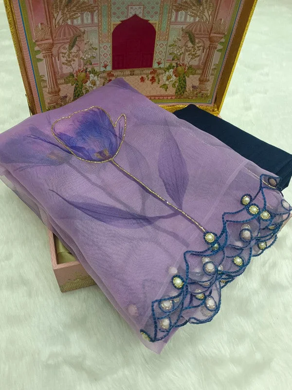 Women's Organza Digital print Aari Work Lavender Saree With Blouse Piece Casual Stripe Blouse