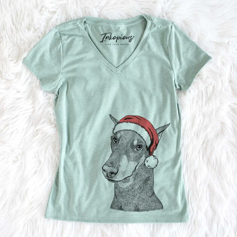 Santa Shelby the Doberman Pinscher - Women's V-neck Shirt-- Seamless Knitted Crochet Santa Shelby the Doberman Pinscher - Women's V-neck Shirt-- Seamless Knitted Crochet