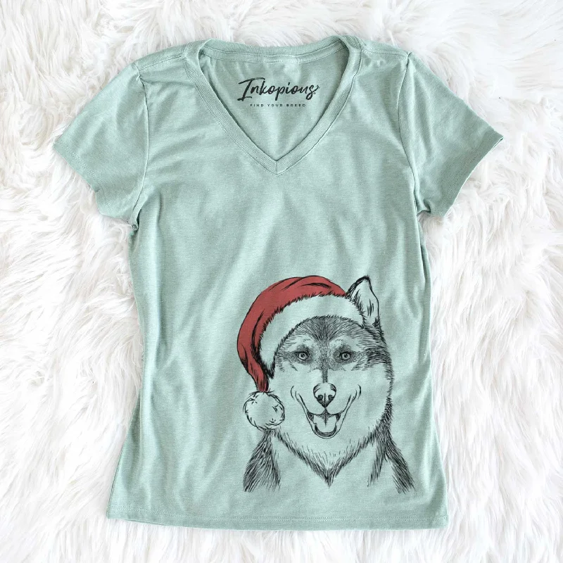 Santa Koda the Siberian Husky - Women's V-neck Shirt-- Jersey Fabric Tulle Fabric Batik Fabric Santa Koda the Siberian Husky - Women's V-neck Shirt-- Jersey Fabric Tulle Fabric Batik Fabric