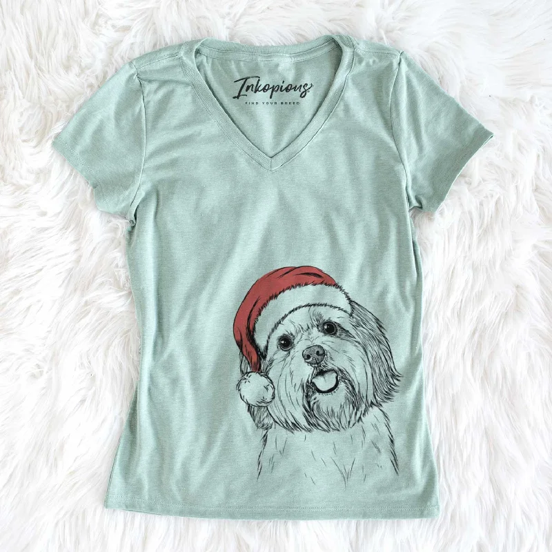 Santa Nikka the Lowchen - Women's V-neck Shirt-- Satin Blend Silk Blend Wool Blend