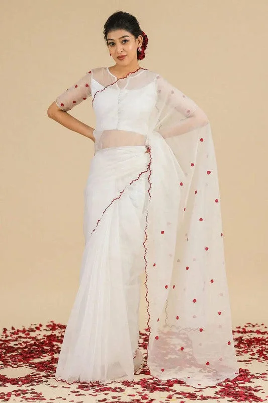 Women's Organza Silk Digital print Aari Work White Saree With Blouse Piece Chic Wrap Blouse