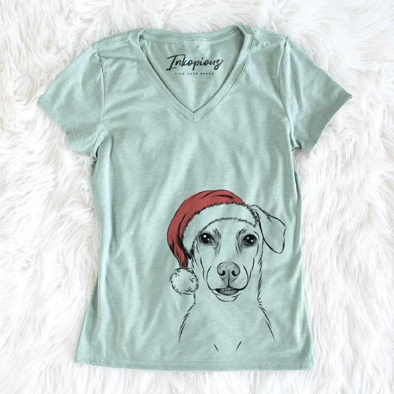 Santa Koa the Jack Russell Terrier - Women's V-neck Shirt-- Solid Print Embellished