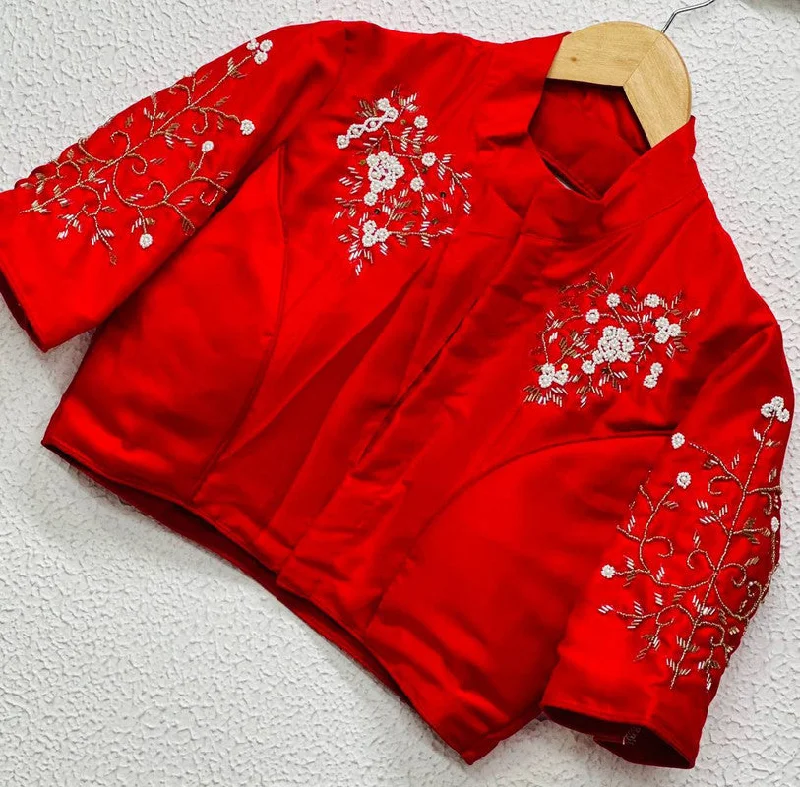 Women's Red Colour Pure Silk Readymade Blouse Textured Cotton Blouse
