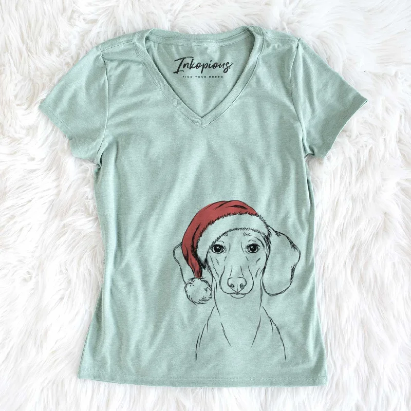 Santa Hans the Dachshund - Women's V-neck Shirt-- Satin Fabric Silk Fabric Chiffon Fabric Santa Hans the Dachshund - Women's V-neck Shirt-- Satin Fabric Silk Fabric Chiffon Fabric