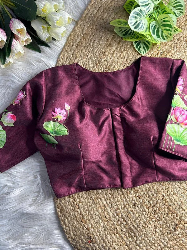 Women's Wine Colour Silk Readymade Blouse Polished Work Blouse