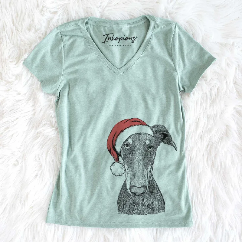 Santa Princess Fiona the Doberman Pinscher - Women's V-neck Shirt-- Print Jacquard Patchwork Santa Princess Fiona the Doberman Pinscher - Women's V-neck Shirt-- Print Jacquard Patchwork