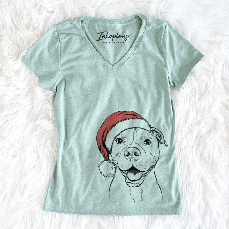 Santa Roscoe the Pitbull - Women's V-neck Shirt-- Houndstooth Herringbone Solid