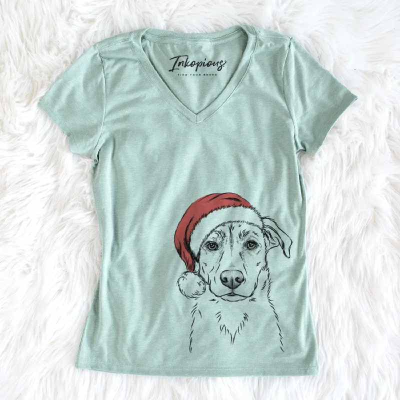 Santa Peanut the Lab Mix - Women's V-neck Shirt-- Hooded Caped Shawl Collar