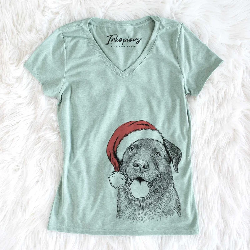 Santa Gonzo the Chocolate Lab - Women's V-neck Shirt-- Striped Floral Plaid