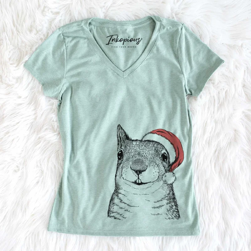 Santa Nibbles the Squirrel - Women's V-neck Shirt-- Spandex Blend Rayon Blend Denim Blend
