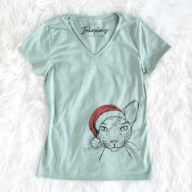 Santa Sammy the Spinx Cat - Women's V-neck Shirt-- Hooded Caped Shawl Collar