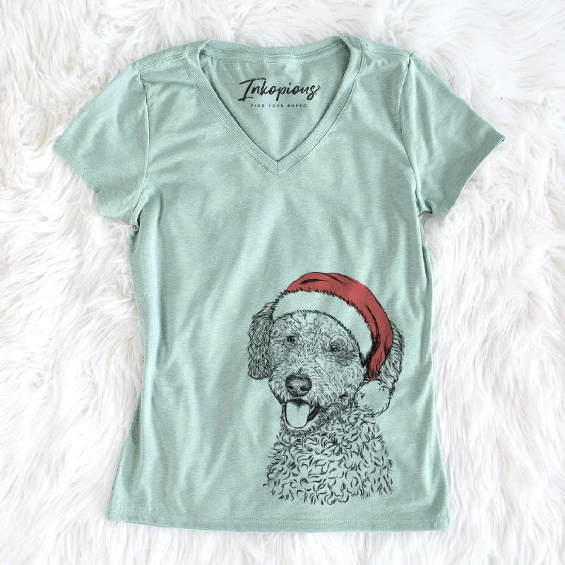 Santa Marlow the Goldendoodle - Women's V-neck Shirt-- Hooded Caped Shawl Collar