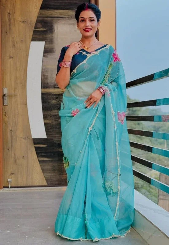 Women's Organza Digital print Hand Work Sky Saree With Blouse Piece Chic Sleeveless Blouse