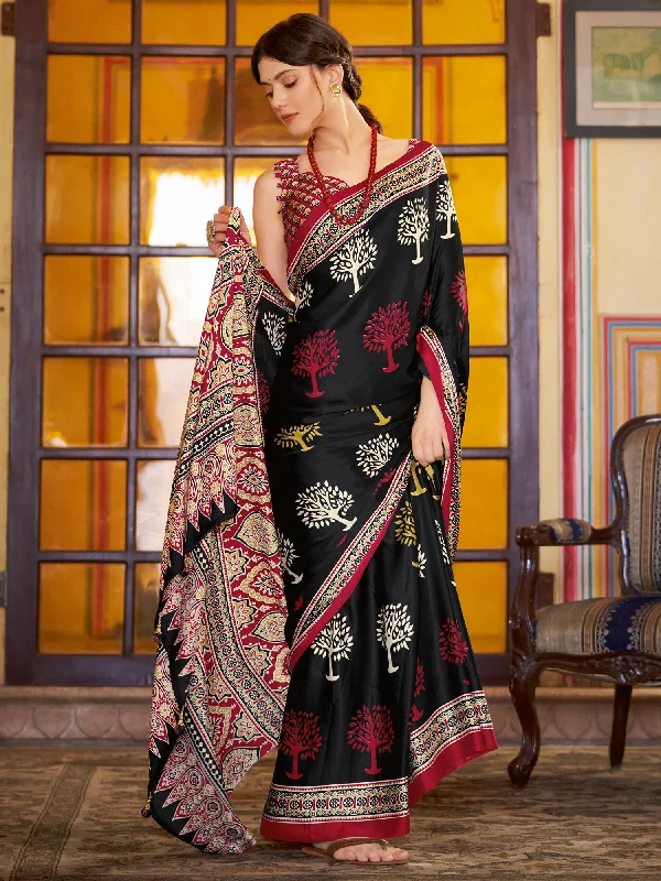 Women's Crepe Black Printed Designer Saree With Blouse Piece Cotton Casual Blouse