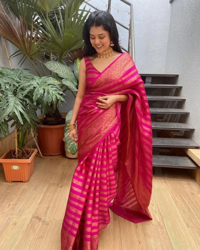 Women Banarasi Silk Woven Saree With Blouse Piece Cotton Casual Blouse