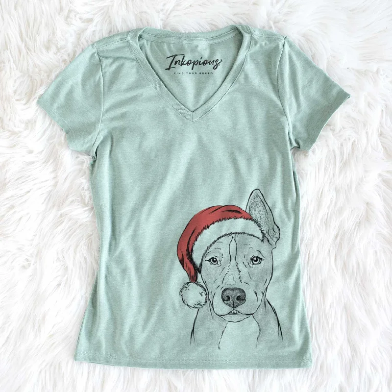 Santa Kisses the Pitbull - Women's V-neck Shirt-- Chenille Blend Fleece Blend Nylon Blend Santa Kisses the Pitbull - Women's V-neck Shirt-- Chenille Blend Fleece Blend Nylon Blend