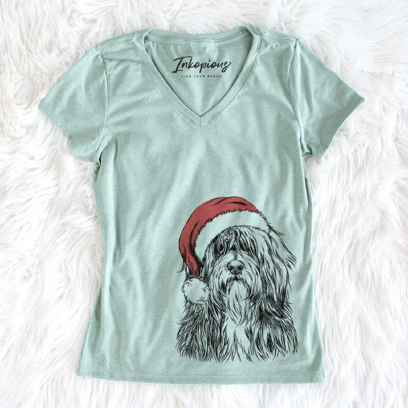 Santa Otto the Polish Lowland Sheepdog - Women's V-neck Shirt-- Chenille Blend Fleece Blend Nylon Blend Santa Otto the Polish Lowland Sheepdog - Women's V-neck Shirt-- Chenille Blend Fleece Blend Nylon Blend